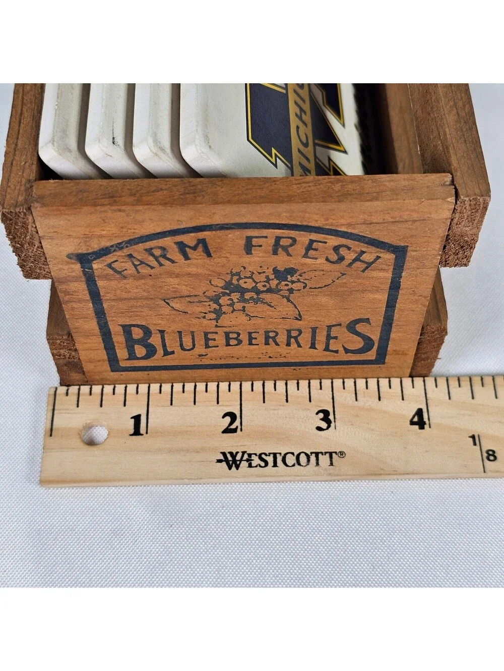 Vtg Michigan Wolverines Coaster Set of 4 w/ Rustic Wood Crate Holder Farm Fresh